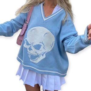 NEW Argyle Sweater Graphic Hearts Skulls  Super Soft Knitted V Neck Sweaters